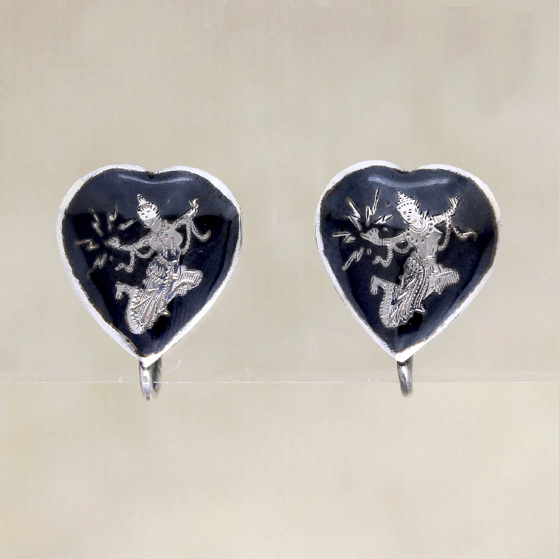 Handmade Earrings for Casual Style-Heart-Shaped Siam Silver Earrings with Dancing Girls