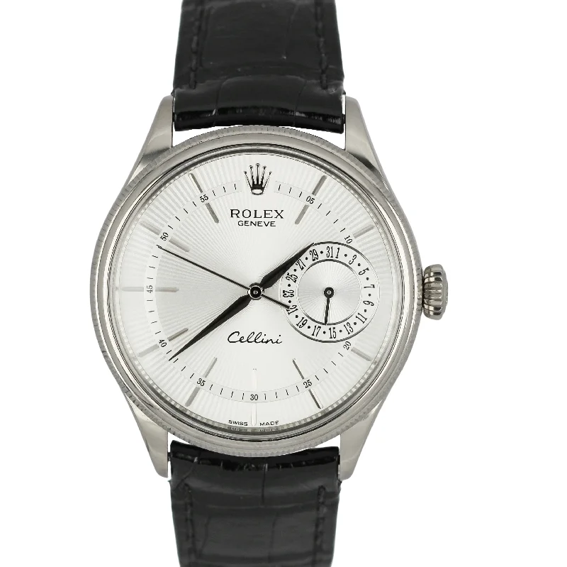 Custom Watches with Engraved Messages-Rolex Cellini 18k White Gold Black Leather Silver Dial 39mm 50519 Watch