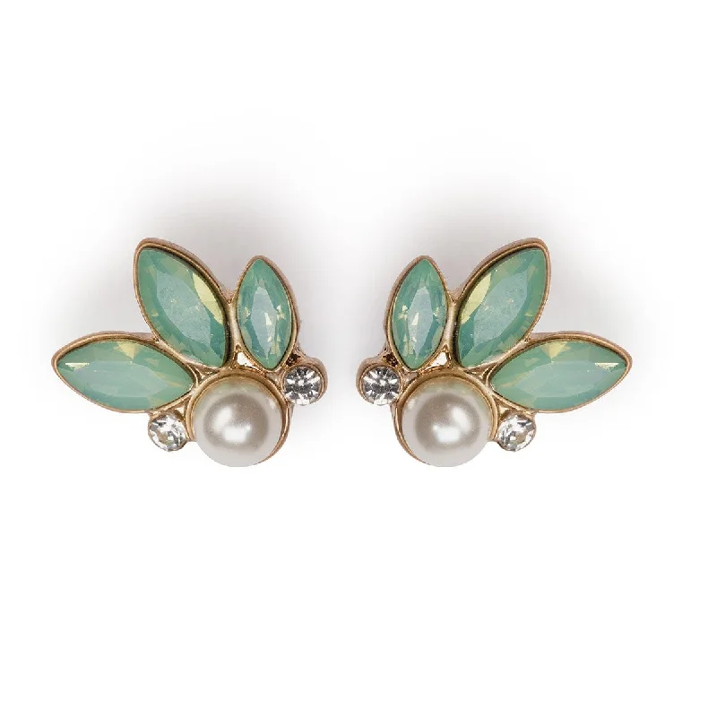 Classic Gold Earrings for Women-Green Crystal Earrings: Opal Green Leaf Stone & Pearl Earrings