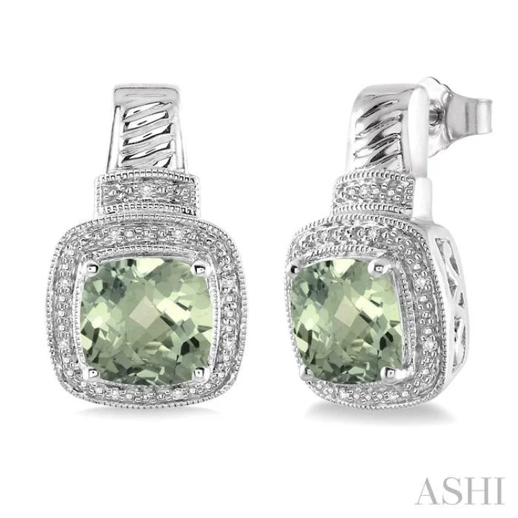 Drop Earrings for Formal Occasions-8x8 mm Cushion Cut Green Amethyst and 1/20 ctw Single Cut Diamond Earrings in Sterling Silver