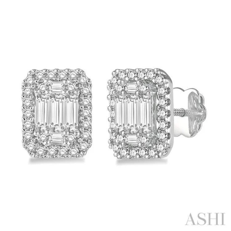 Unique Gem Earrings for Fashion-3/4 Ctw Octagonal Baguette & Round Cut Diamond Stud Earrings in 14K White Gold