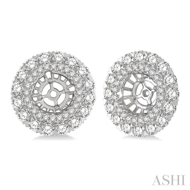 Soft Silver Earrings for Sensitive Ears-1 3/4 Ctw Circular Scalloped Edge Round Cut Diamond Earrings Jacket in 14K White Gold