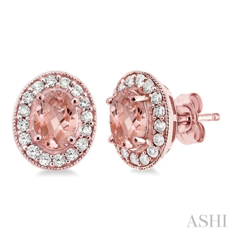 Statement Silver Earrings for Bold Style-7x5MM Oval Cut Morganite and 3/8 Ctw Round Cut Diamond Earrings in 14K Rose Gold