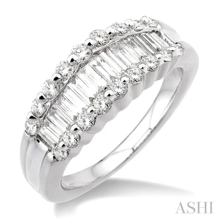 Custom Birthstone Ring for Fashion-1 Ctw Baguette and Round Cut Diamond Band in 14K White Gold