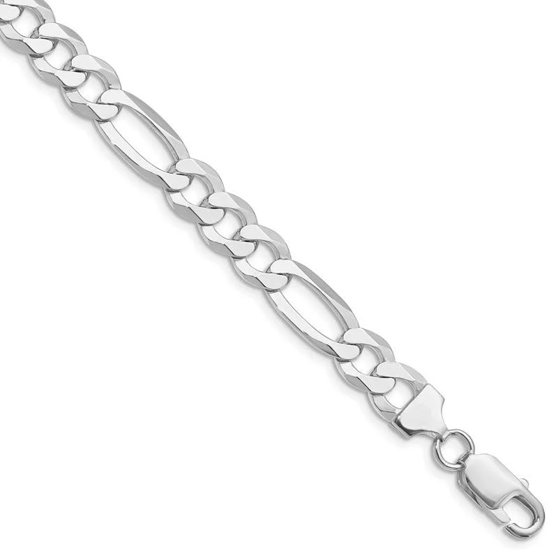 Fashionable Leather Bracelet for Stylish Men-Sterling Silver Rhodium-plated 8.5mm Lightweight Flat Figaro Chain Bracelet