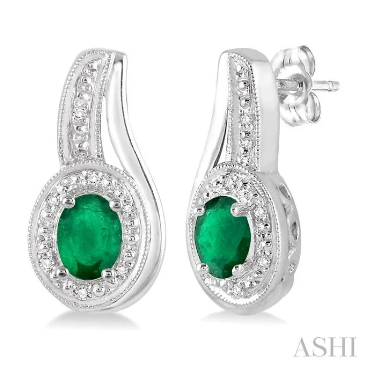 Gold Earrings for Formal Occasions-5x3 MM Oval Cut Emerald and 1/50 Ctw Round Cut Diamond Earrings in Sterling Silver