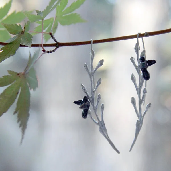 Beautiful Drop Earrings for Evening Style-Birds Sitting on Long Leaves Earrings