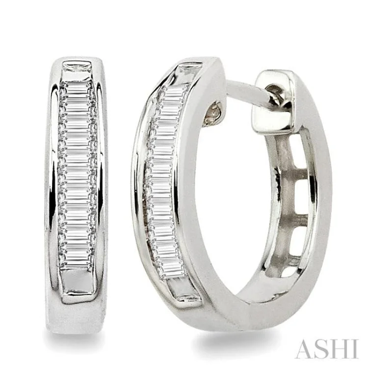 Custom Earrings for Personalized Style-1/10 Ctw Baguette Cut Diamond Huggie Earrings in 10K White Gold