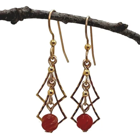 Earrings for Sensitive Ears-Silver Forest Gold Open Diamond with Carved Bead Pierced Earrings