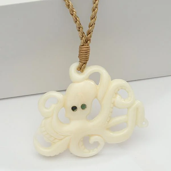 Gold Heart Necklace for Gifts-Buffalo Bone Octopus Necklace Brown Cord 43x35mm