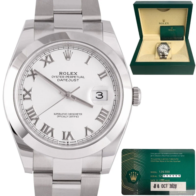 Affordable Designer Watches for Fashionable Women-2020 Rolex Datejust White Roman Smooth Stainless 41mm Watch R. 126300 BOX & CARD