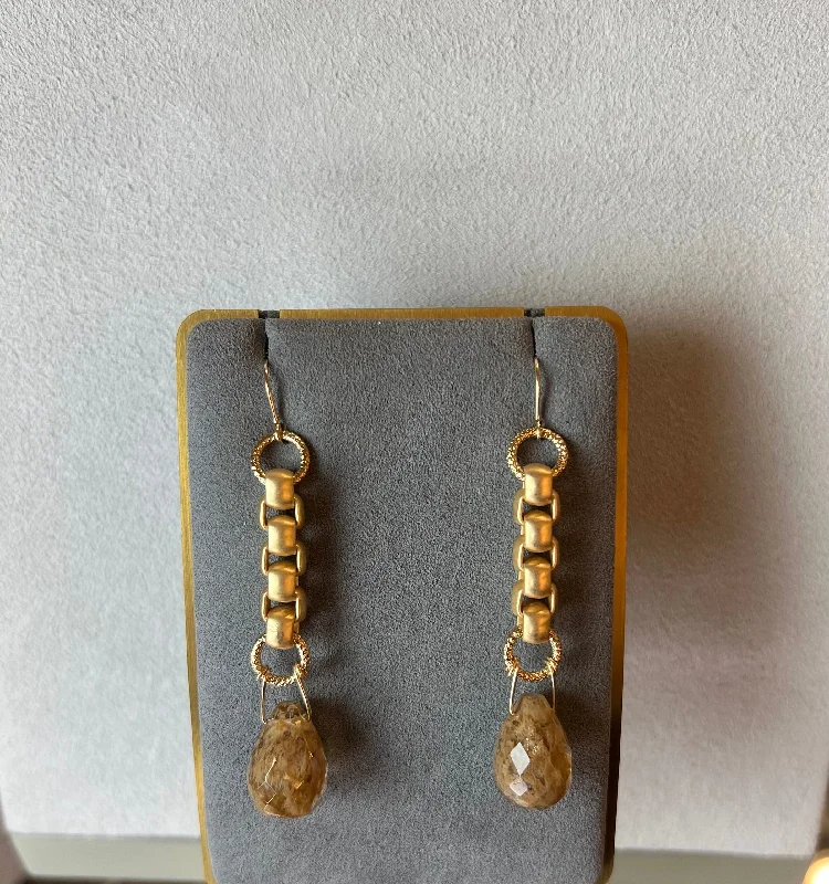 Luxury Diamond Earrings-Earrings - Rutilated Quartz Tear w/Box Chain in Gold