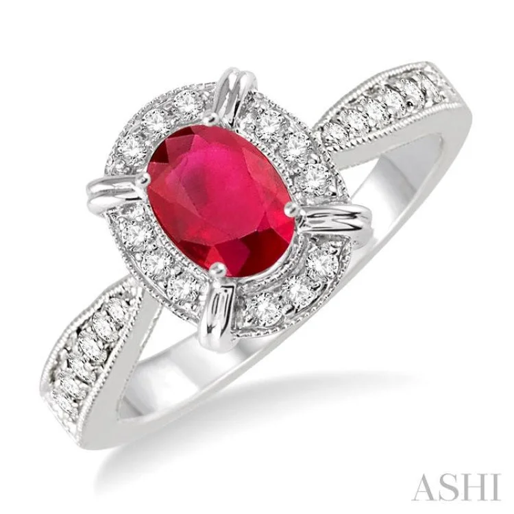 Personalized Ring with Custom Engraving-6x4 MM Oval Shape Ruby and 1/6 Ctw Single Cut Diamond Ring in 10K White Gold