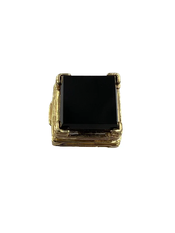 Elegant Diamond Ring for Engagement-Black Onyx Square 14k Yellow Gold Ring By Goldmaster Circa 1970