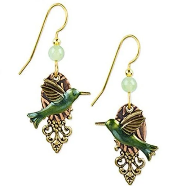 Ethnic Drop Earrings for Festivals-Silver Forest Hummingbird Dangle 18K Gold-Plated Earrings