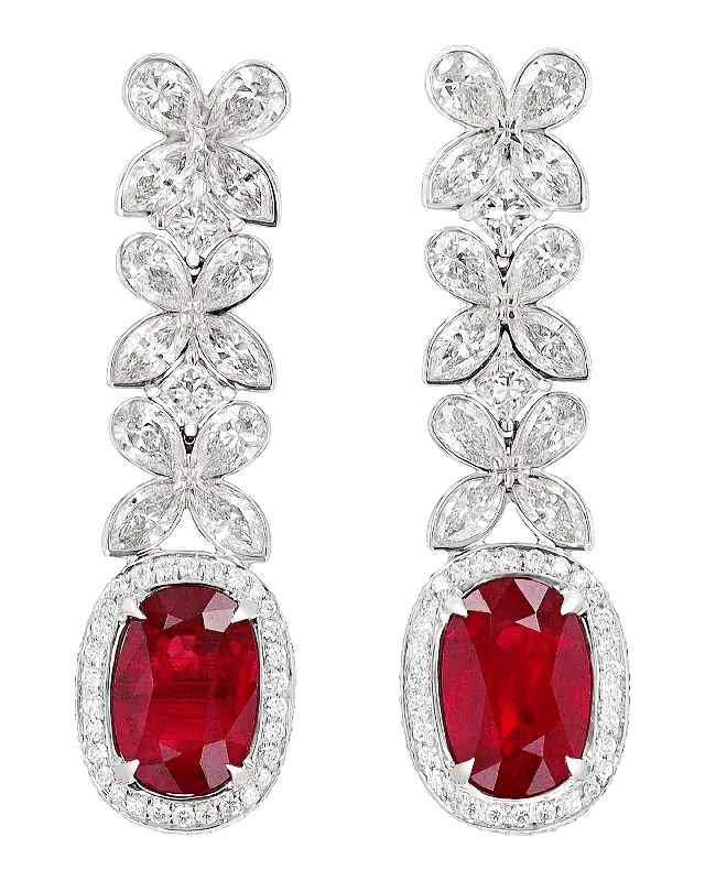 Simple Silver Drop Earrings-Mozambique Ruby Earrings, 6.02 Carats