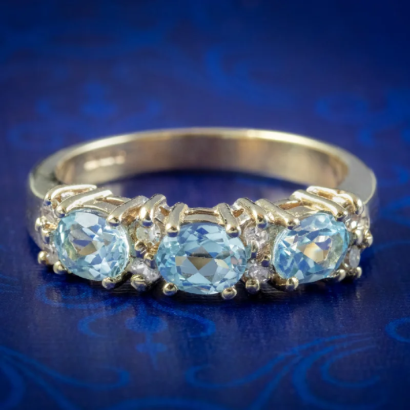 Simple Wedding Ring for Men-Victorian Style Blue Topaz Diamond Trilogy Ring 9ct Gold