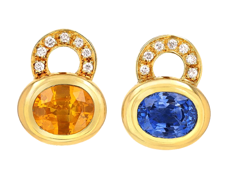 Colorful Drop Earrings for Summer-Blue and Yellow Sapphire Earrings, 8.00 Carats