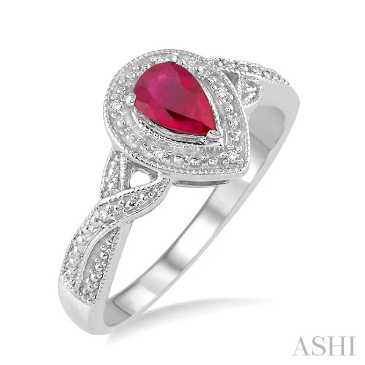 Elegant Diamond Wedding Ring-6x4 mm Pear Shape Ruby and 1/50 Ctw Round Cut Diamond Ring in Sterling Silver