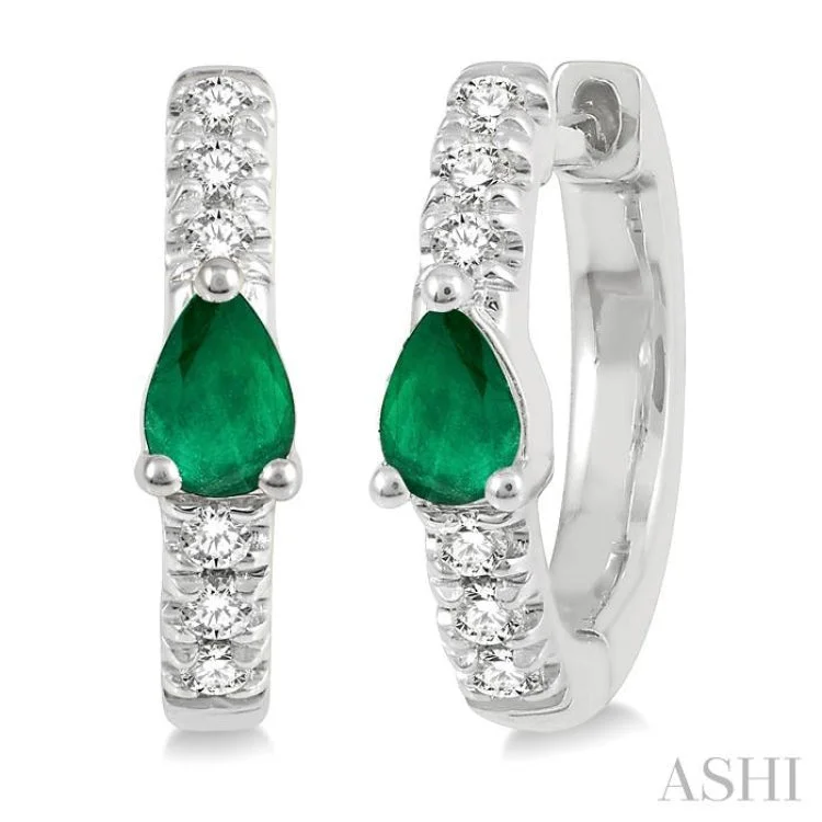 Handcrafted Silver Drop Earrings-1/10 Ctw 4X3MM Pear Cut Emerald and Round Cut Diamond Huggie Earrings in 10K White Gold