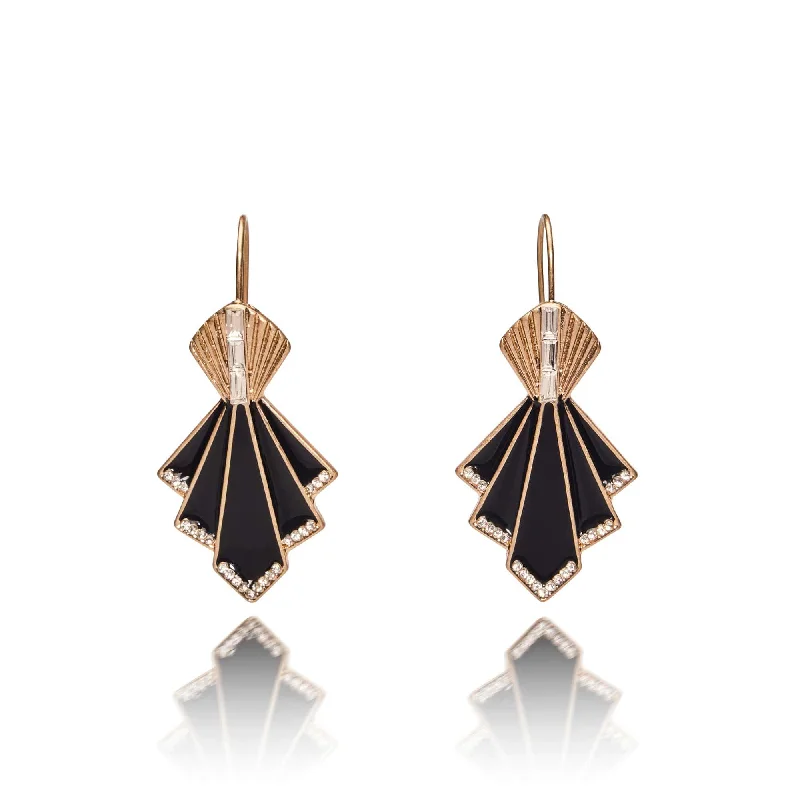 Timeless Gold Earrings for Women-Art Deco Fan 1920 Earrings: Black Drop Crystal Earrings