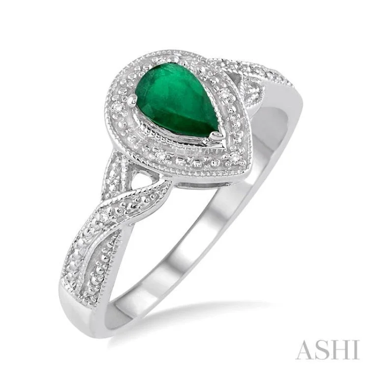 Custom Engraved Ring for Couples-6x4 mm Pear Shape Emerald and 1/50 Ctw Round Cut Diamond Ring in Sterling Silver