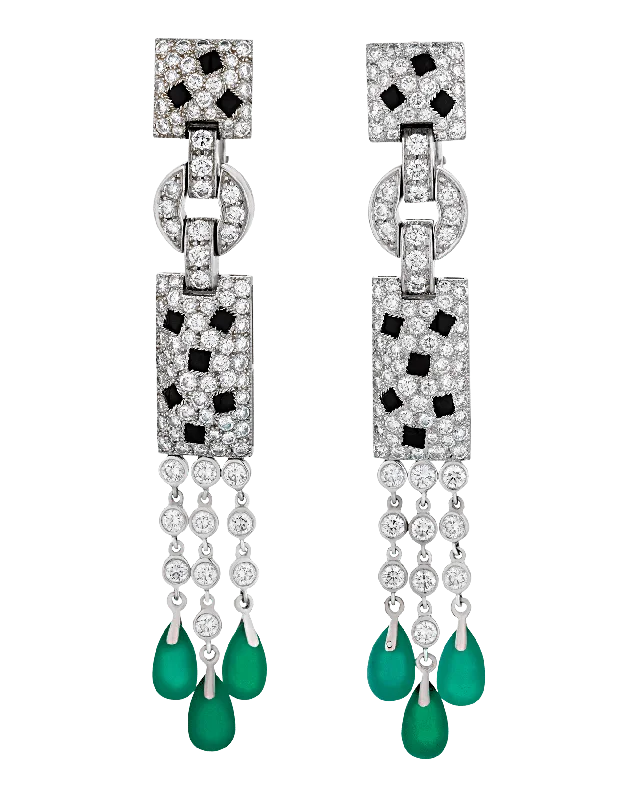 Large Gemstone Earrings for Special Events-Cartier Panthère Diamond, Onyx and Emerald Drop Earrings