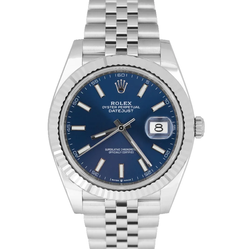 Men's Watches with Black Mesh Strap for Modern Style-NEW MAR 2023 Rolex DateJust 41 Blue Stainless Steel JUBILEE Watch 126334 B+P