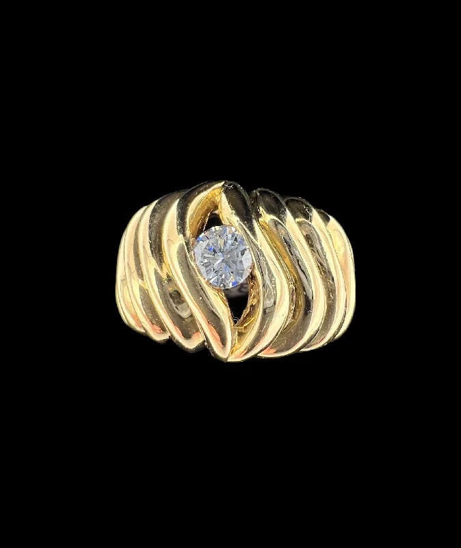 Gold Engagement Ring-1970s Fluted Semi Dome Diamond Yellow Gold Solitaire Ring