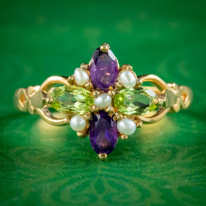 Stackable Silver Rings for Fashion-Edwardian Suffragette Style Cluster Ring Pearl Peridot Amethyst