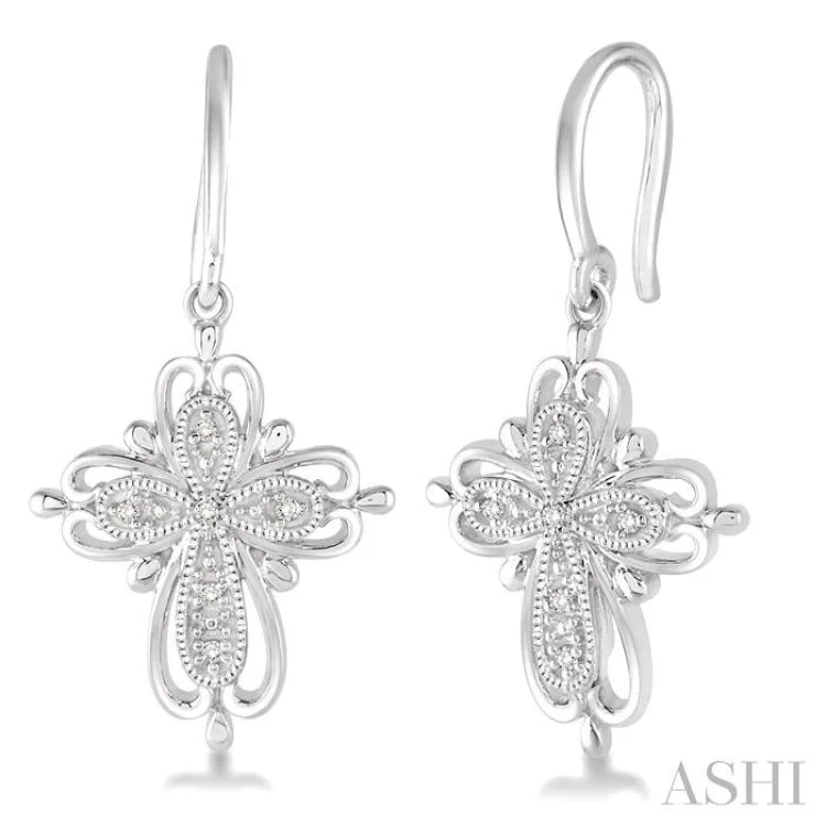 Fashion Earrings for Casual Wear-1/20 Ctw Round Cut Diamond Cross Earrings in Sterling Silver