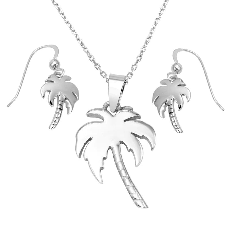 Large Crystal Necklace for Evening Wear-Silver 925 Rhodium Plated Palm Tree Set