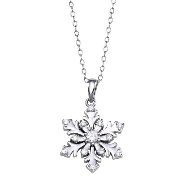 Chunky Necklace for Daytime Look-Rhodium Plated 925 Sterling Silver Snow Flakes CZ Necklace