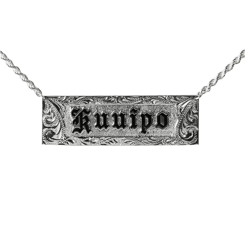 Elegant Chain Necklace for Casual Style-Sterling Silver Custom-Made ID Necklace Black Raise Letter with Scroll Engraving 20mm