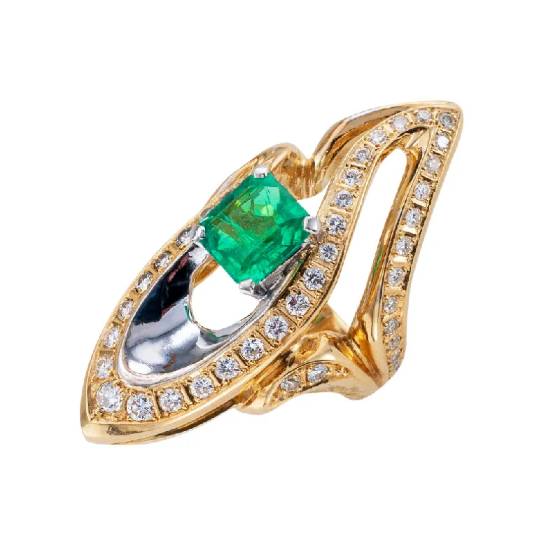 Silver Stackable Ring Set for Fashion-Colombian Emerald Diamond Two Tone Gold Cocktail Ring