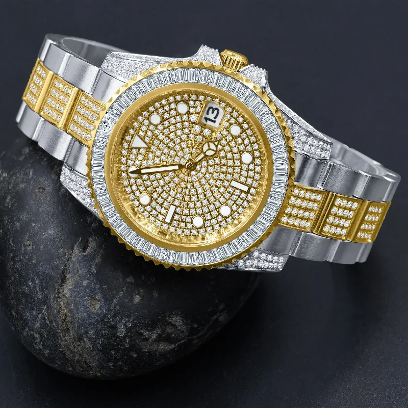 Trendy Watches for Women with Gemstones-Baguette Bezel CZ Mid Link Date Hip Hop Watch