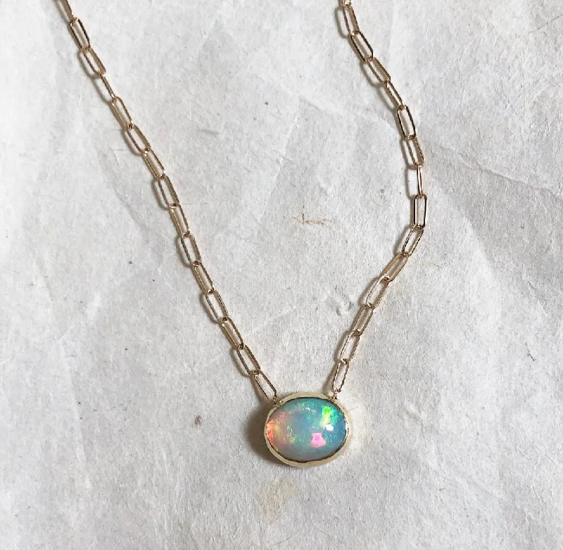 Silver Necklace with Gemstones-14k Ethiopian opal on link chain