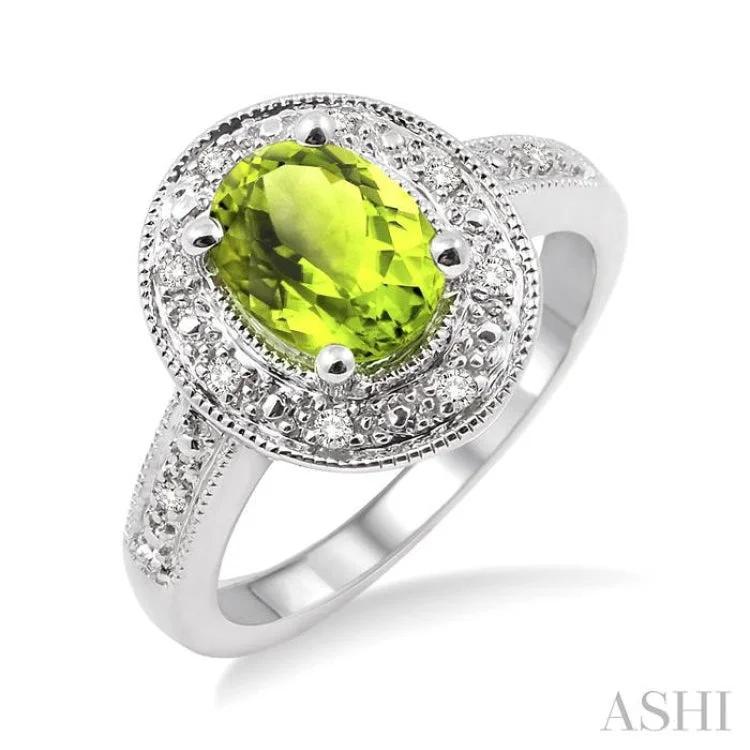 Gold Engagement Ring-8x6 MM Oval Cut Peridot and 1/20 Ctw Single Cut Diamond Ring in Sterling Silver