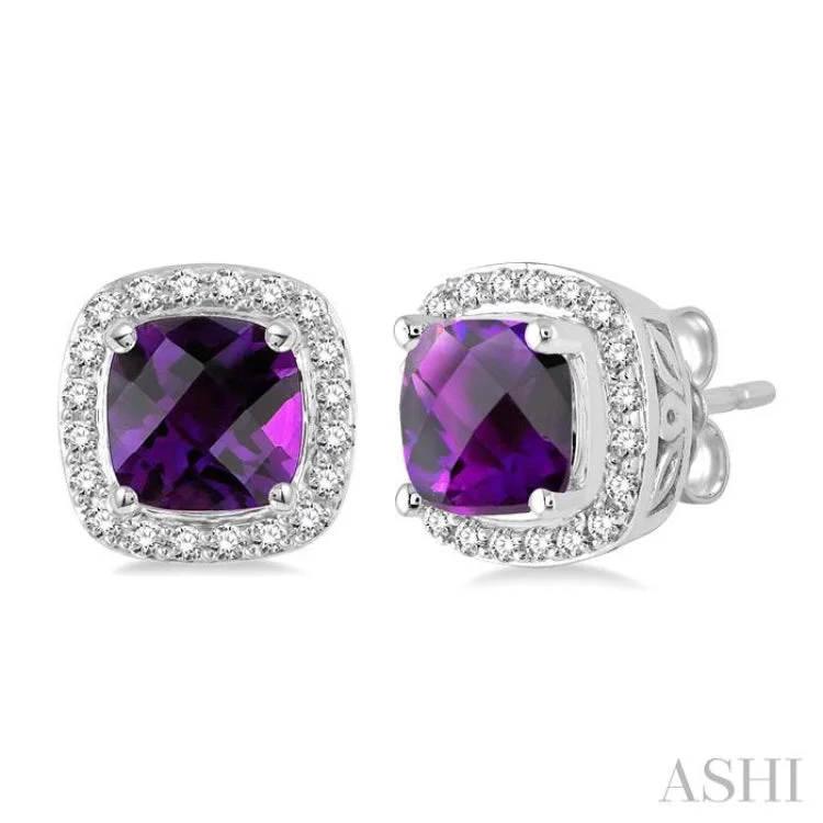 Elegant Drop Earrings for Weddings-6x6 mm Cushion Cut Amethyst and 1/4 Ctw Round Cut Diamond Earrings in 14K White Gold