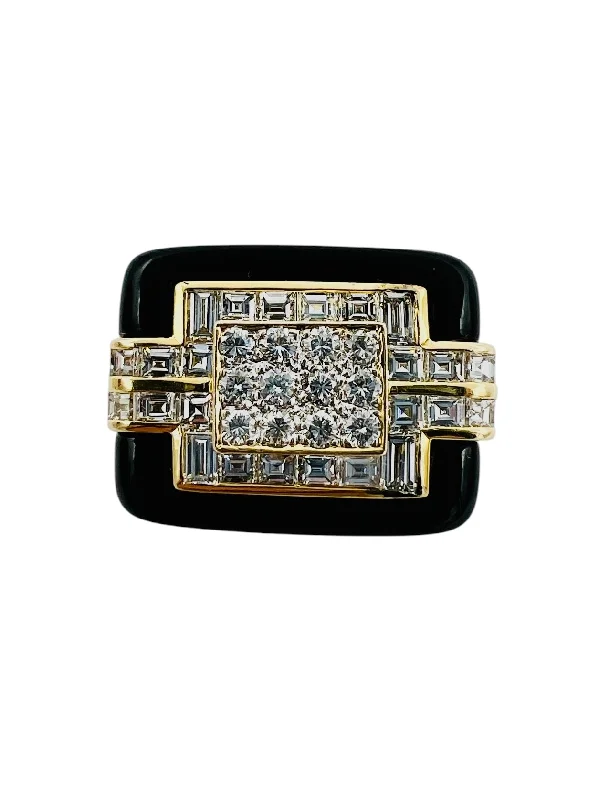 Silver Stackable Ring Set for Fashion-1970s Diamond Black Onyx 18k Yellow Gold Cocktail Ring