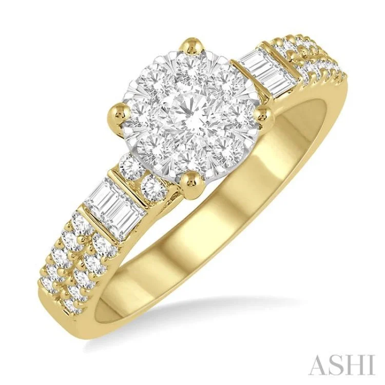 Elegant Silver Engagement Ring-7/8 Ctw Round and Baguette Diamond Lovebright Engagement Ring in 14K Yellow and White gold