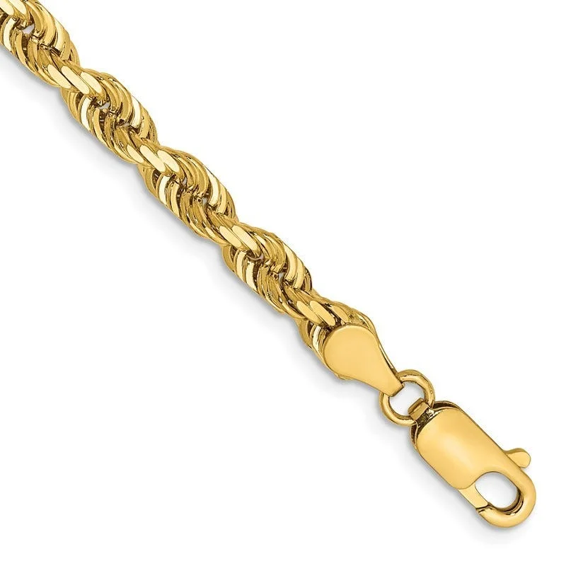 Simple Gold Bracelet with Engraving-14K 7 Inch 4.5mm Diamond-cut Quadruple Rope Lobster Clasp Chain Bracelet