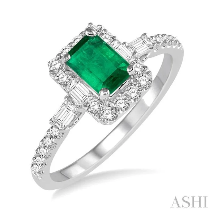 Designer Engagement Ring with Diamonds-6x4 MM Octagon Cut Emerald and 1/2 Ctw Round Cut Diamond Ring in 14K White Gold