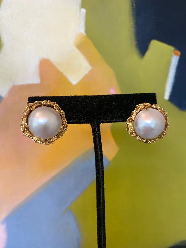 Silver Earrings for Sensitive Ears-Estate Collection - Earrings Vintage Mabe Pearls Set in 18K Gold