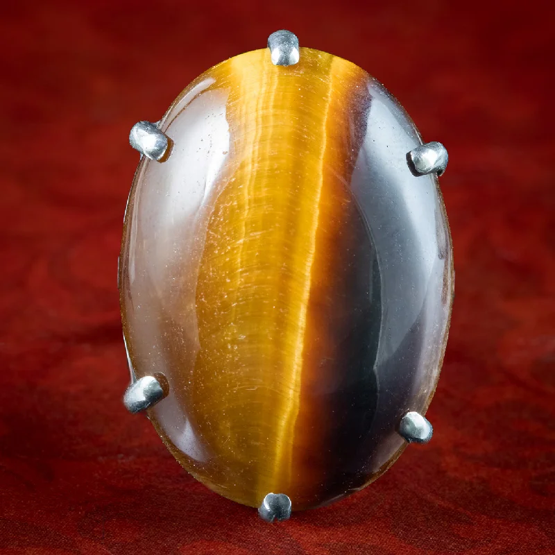 Silver Wedding Ring for Women-Vintage Tigers Eye Cocktail Ring 20ct Stone