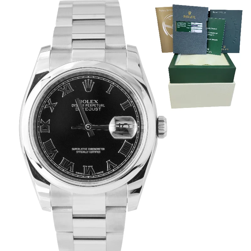 Leather Band Watches for Timeless Style-Rolex DateJust Black Roman 36mm 116200 Stainless Steel Oyster Smooth Watch B&P