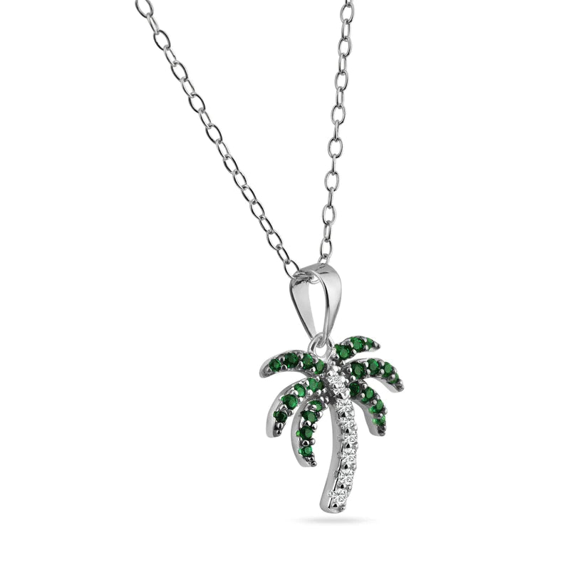 Gold Necklace with Initials-Silver 925 Rhodium Plated Green and Clear Palm Tree Pendant Necklace