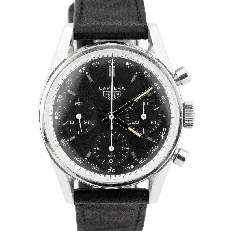 Automatic Watches with Sapphire Crystal-Vintage Heuer Carrera Black Chronograph Patina Stainless Steel 36mm Watch