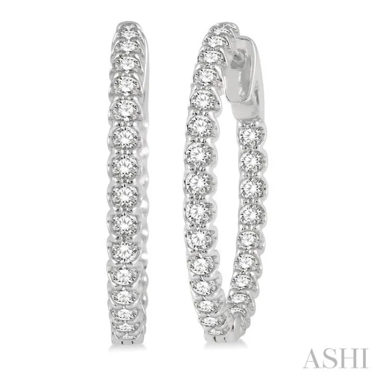 Silver Hoop Earrings-1 1/2 Ctw Inside-Out Round Cut Diamond Hoop Earrings in 14K White Gold