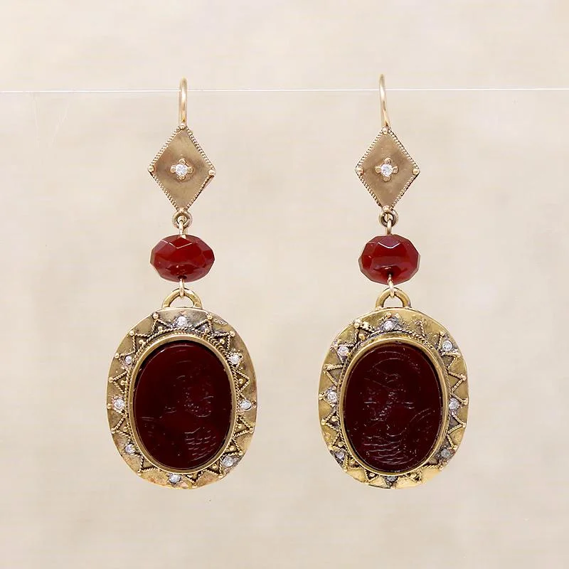 Crystal Stud Earrings for Weddings-Carnelian Intaglio Drop Earrings with Diamond Accents